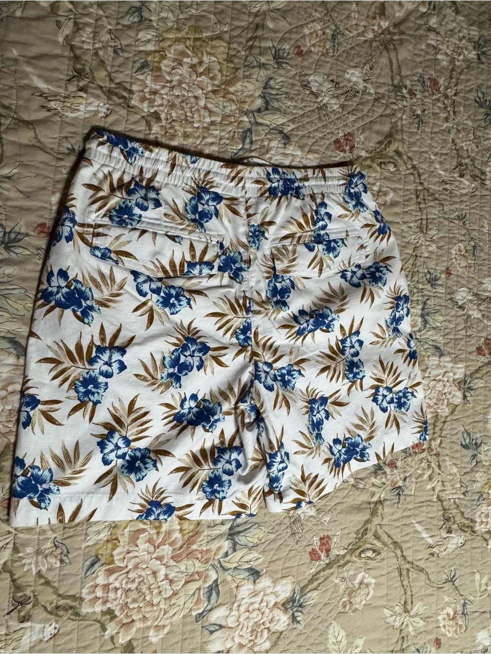 Lands' End White Floral Hybrid Shorts with Blue and Tan Print